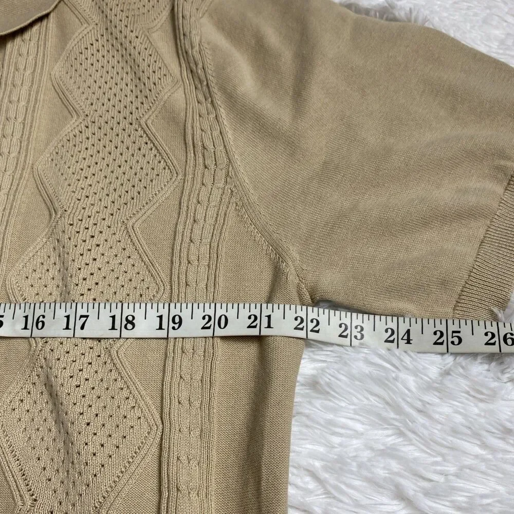 Elie Tahari Polo Shirt Sweater Mens XL Beige Tan Textured Knit Short Sleeve Zip